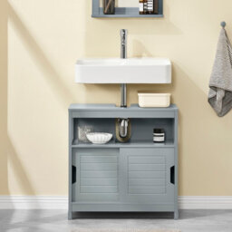 Sobuy Frg128-Sg, Under Sink Bathroom Storage Cabinet With Shelf And Sliding Doors, Grey,w60Xd30Xh60 - thumbnail 4