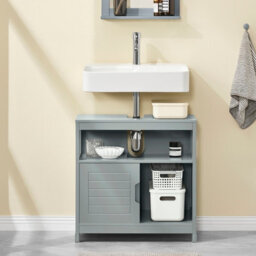 Sobuy Frg128-Sg, Under Sink Bathroom Storage Cabinet With Shelf And Sliding Doors, Grey,w60Xd30Xh60 - thumbnail 5