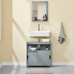 Sobuy Frg128-Sg, Under Sink Bathroom Storage Cabinet With Shelf And Sliding Doors, Grey,w60Xd30Xh60 - thumbnail 2