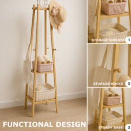 BMBO Wooden Coat Rack Stand With 3 Shelves - thumbnail 4