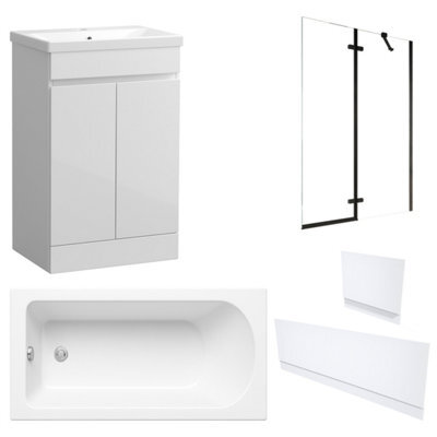 FNX Bathrooms Waterproof 600mm Vanity Unit With Single Ended Bath, Gloss White Panels & Matt Black Profile Bath Screen - image 1