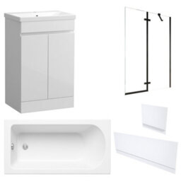 FNX Bathrooms Waterproof 600mm Vanity Unit With Single Ended Bath, Gloss White Panels & Matt Black Profile Bath Screen - thumbnail 1
