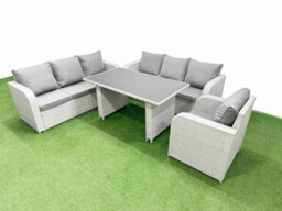 Fimous Rattan Garden Furniture Dining Set 7-Seater Patio Rectangular Table Sofa Set Light Grey - thumbnail 2