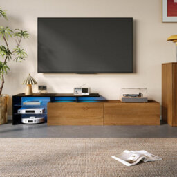 Abrihome Modern Tv Unit Stylish Cabinet With Glass Shelves & Integrated Led Lighting, Practical Storage For Living Rooms, Black & Wood
