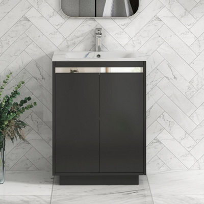 Royal Bathrooms Orion 600mm Matt Obsidian Black 2 Door Floor Standing Vanity Unit With Carrara White Basin & Chrome Accent Trim - image 1