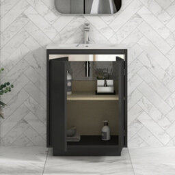Royal Bathrooms Orion 600mm Matt Obsidian Black 2 Door Floor Standing Vanity Unit With Carrara White Basin & Chrome Accent Trim - thumbnail 4