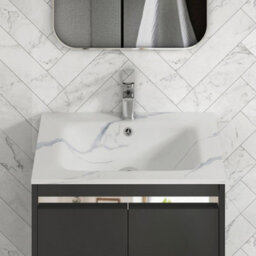 Royal Bathrooms Orion 600mm Matt Obsidian Black 2 Door Floor Standing Vanity Unit With Carrara White Basin & Chrome Accent Trim - thumbnail 5