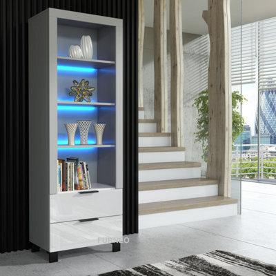 Furneo Display Cabinet Grey White High Gloss Matt Modern Storage Cupboard Blue Led Lights Enzo 18 - image 1