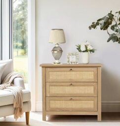 Hallowood Furniture Newquay Oak Effect Chest With 3 Drawer And Real Rattan Front