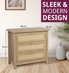 Hallowood Furniture Newquay Oak Effect Chest With 3 Drawer And Real Rattan Front - thumbnail 3