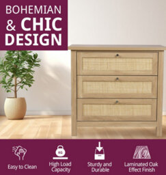 Hallowood Furniture Newquay Oak Effect Chest With 3 Drawer And Real Rattan Front - thumbnail 4
