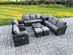 Fimous High Back Rattan Garden Furniture Set With Square Coffee Table Side Table 2 Small Footstools Patio Lounge Sofa Set - thumbnail 2
