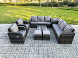 Fimous High Back Rattan Garden Furniture Set With Square Coffee Table Side Table 2 Small Footstools Patio Lounge Sofa Set - thumbnail 1