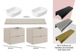 Impact Furniture Double Vanity Unit 1200mm Beige Bathroom Sink Cabinet Countertop Floating 4 Drawer Wall Storage Cashmere Worktop Dalia - thumbnail 4
