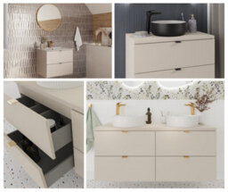 Impact Furniture Double Vanity Unit 1200mm Beige Bathroom Sink Cabinet Countertop Floating 4 Drawer Wall Storage Cashmere Worktop Dalia - thumbnail 2