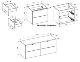 Impact Furniture Double Vanity Unit 1200mm Beige Bathroom Sink Cabinet Countertop Floating 4 Drawer Wall Storage Cashmere Worktop Dalia - thumbnail 8