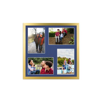 AK Frames 12X12 Gold Sleek Multi Photo Frame With Blue Mount - Holds 4 Apertures (4X) 6X4 Photos - image 1