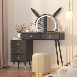 Keepreaper Black Dressing Table Vanity Desk With Mirror, Led Lights, 5 Drawers And Metal Legs
