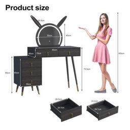 Keepreaper Black Dressing Table Vanity Desk With Mirror, Led Lights, 5 Drawers And Metal Legs - thumbnail 2