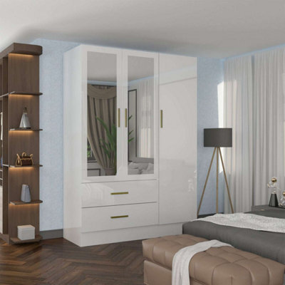 Sliding Wardrobes 4 u LTD Modern High Gloss Hinged Wardrobe With Mirror - 2, 3 Or 4 Doors And Built-In Drawers (White,116Cm) - image 1