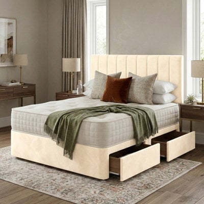 Adore Designs Portland Plush Velvet Divan Bed, Headboard - 6Ft Super King - Cream - 0 Drawers - image 1