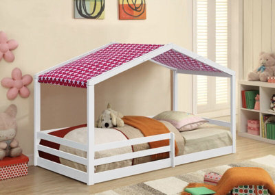 Comfy Living 3Ft Wooden House Bed White With Pink Tent