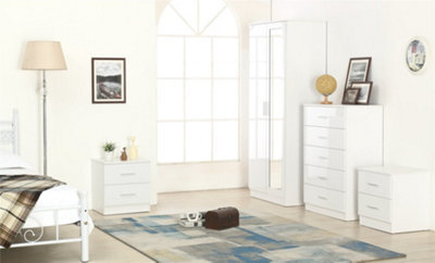 Reflect 2 Door Mirror Wardrobe, 5 Drawer Chest, 2X 2 Drawer Bedsides - White Gloss & Matt White - Modern Bedroom Furniture Set - image 1