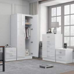 Reflect 2 Door Mirror Wardrobe, 5 Drawer Chest, 2X 2 Drawer Bedsides - White Gloss & Matt White - Modern Bedroom Furniture Set - thumbnail 2
