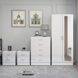 Reflect 2 Door Mirror Wardrobe, 5 Drawer Chest, 2X 2 Drawer Bedsides - White Gloss & Matt White - Modern Bedroom Furniture Set - thumbnail 3