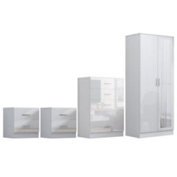 Reflect 2 Door Mirror Wardrobe, 5 Drawer Chest, 2X 2 Drawer Bedsides - White Gloss & Matt White - Modern Bedroom Furniture Set - thumbnail 5