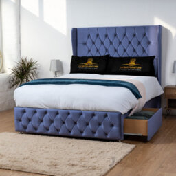 UKBEDFURNITURE Luxor Blue Plush Wingback Divan Bed Base With 54 Inch Headboard - No Storage - thumbnail 2
