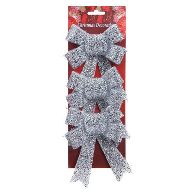 Tinsel Bows Christmas Decoration X 3 10Cm X 13Cm X 3Cm Silver - image 1
