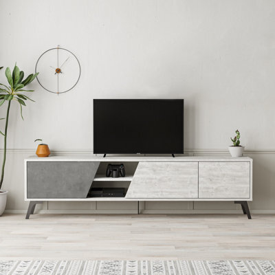 "Decortie Fiona Modern Tv Unit Multimedia Cabinet With Storage Doors 75"" Ancient White Retro Grey 180Cm" - image 1