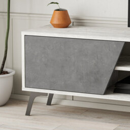 "Decortie Fiona Modern Tv Unit Multimedia Cabinet With Storage Doors 75"" Ancient White Retro Grey 180Cm" - thumbnail 4