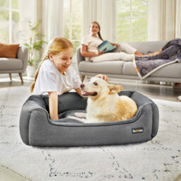Dog Bed, Linen-Look Pet Bed, Dog Sofa Bed With Raised Edges, Non-Slip Bottom, Removable Washable Cover, L, Light Grey