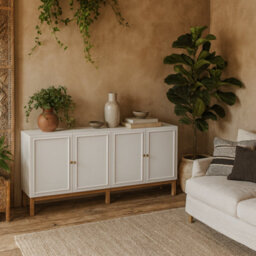 Wyld Haus Sofia Light Grey And Oak Wood Sideboard 4 Doors 1 Drawer Wide