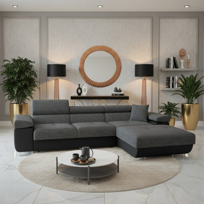 Torezio Mini L Shaped Sofa Bed With Adjustable Headrests Storage Dolfn Mechanism 280X170X70-90Cm Black And Grey Right - image 1