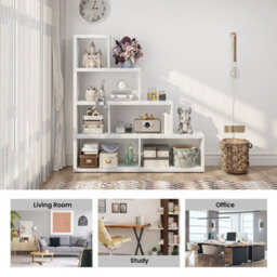 Costway Wooden 6 Cube Ladder Bookcase 5 Tier L-Shaped Corner Bookshelf Freestanding Display Shelf - thumbnail 8