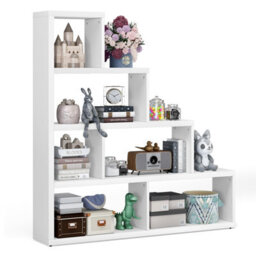 Costway Wooden 6 Cube Ladder Bookcase 5 Tier L-Shaped Corner Bookshelf Freestanding Display Shelf - thumbnail 2