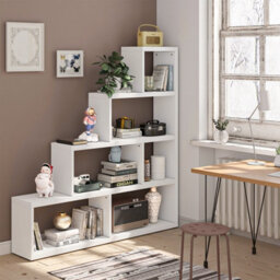 Costway Wooden 6 Cube Ladder Bookcase 5 Tier L-Shaped Corner Bookshelf Freestanding Display Shelf - thumbnail 1