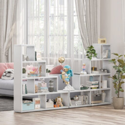 Costway Wooden 6 Cube Ladder Bookcase 5 Tier L-Shaped Corner Bookshelf Freestanding Display Shelf - thumbnail 4