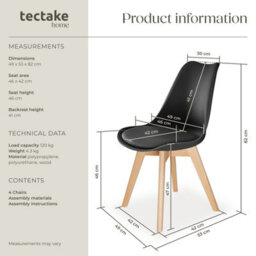 Tectake Set Of 4 Dining Chair Frederikke With Padded Seat, Ergonomic Shape, And Wooden Legs  - Black - thumbnail 6