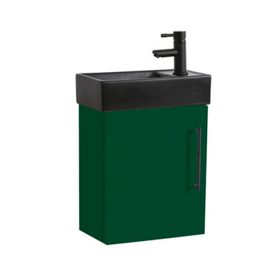 Homestylestore 400mm Dark Green Wall Hung Bathroom Vanity Unit Black Basin And Black T Bar Handle - image 1