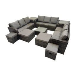 Fimous Rattan Garden Outdoor Furniture Set 3 Seater Sofa Square Coffee Table Set With 4 Stools 2 Side Table Dark Grey Mixed - thumbnail 2