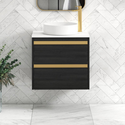 Royal Bathrooms Orion 600mm Hale Black Wall Hung Plain White Countertop Vanity Unit 2 Drawer With Art Basin & Brushed Brass Accent Trim - image 1
