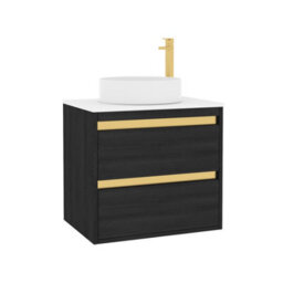 Royal Bathrooms Orion 600mm Hale Black Wall Hung Plain White Countertop Vanity Unit 2 Drawer With Art Basin & Brushed Brass Accent Trim - thumbnail 5