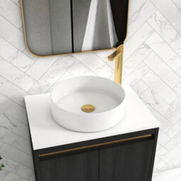 Royal Bathrooms Orion 600mm Hale Black Wall Hung Plain White Countertop Vanity Unit 2 Drawer With Art Basin & Brushed Brass Accent Trim - thumbnail 4