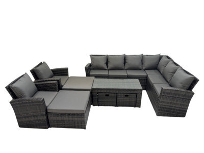 Fimous Rattan Garden Furniture Set 9 Pieces Outdoor Garden Sofa Oblong Coffee Table Set With Chair 4 Footstools Dark Grey Mixed - image 1