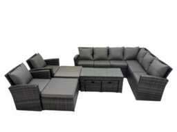 Fimous Rattan Garden Furniture Set 9 Pieces Outdoor Garden Sofa Oblong Coffee Table Set With Chair 4 Footstools Dark Grey Mixed - thumbnail 1