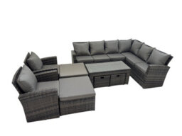 Fimous Rattan Garden Furniture Set 9 Pieces Outdoor Garden Sofa Oblong Coffee Table Set With Chair 4 Footstools Dark Grey Mixed - thumbnail 2